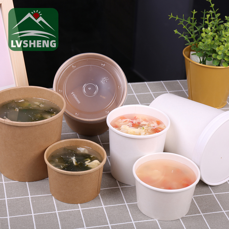 Lvsheng စက္ကူထုပ်ပိုးမှု 100% Compostable Kraft စက္ကူဟင်းချိုပန်းကန်ကို အဖုံးဖြင့် စတင်ထုတ်သည်